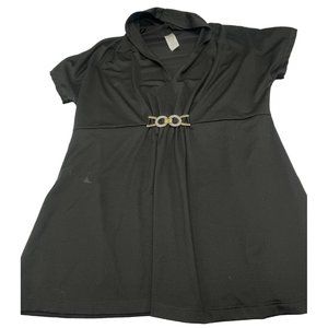 short sleeve black shirt blouse v-neck umpire bust embellished Medium READ